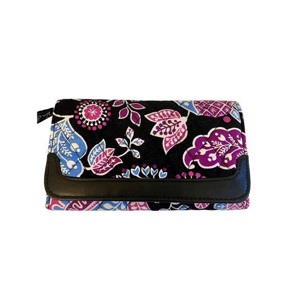 Vera Bradley Floral Wallet Black Purple Blue Quilted Snap Flap - Picture 1 of 4